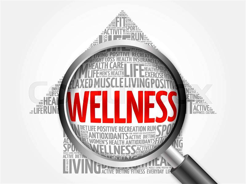 WELLNESS arrow word cloud with magnifying glass, health concept, stock photo