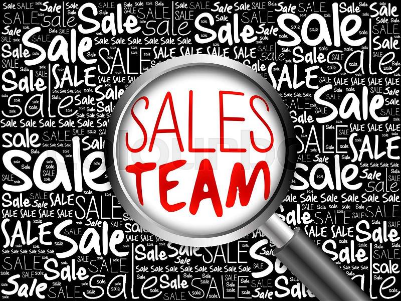 Sales Team sale word cloud with magnifying glass, business concept, stock photo