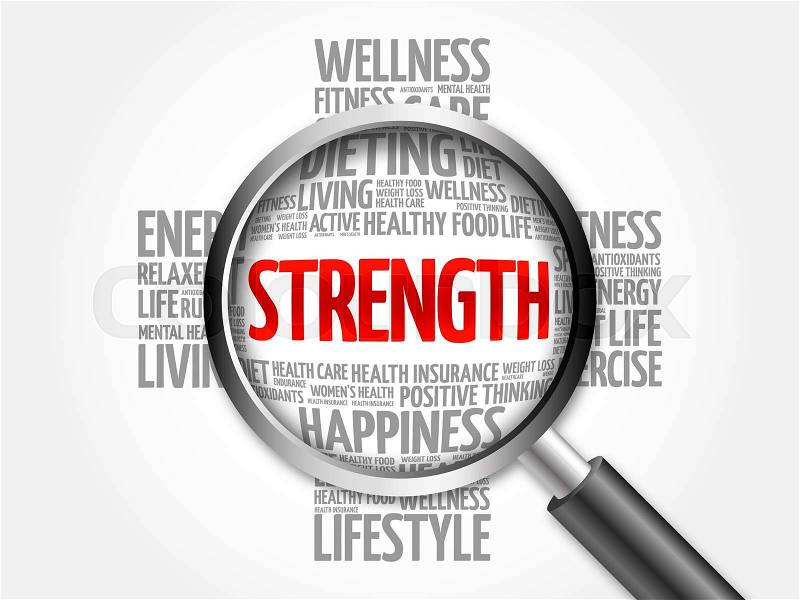 Strength word cloud with magnifying glass, health concept, stock photo