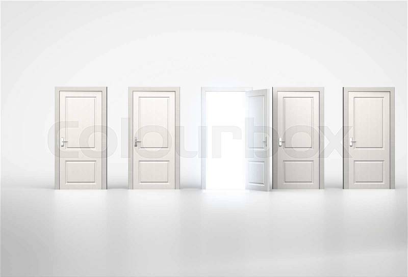 Concept of opportunity. Light shining through one door in row of shut ones. 3d render, stock photo