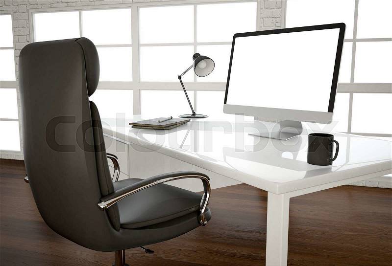 Blank computer screen on glossy white table at big window at office. 3d render, stock photo