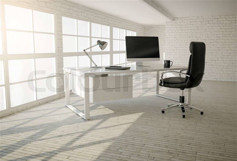 Interior of modern office with white brick walls, wooden floor and large windows, stock photo