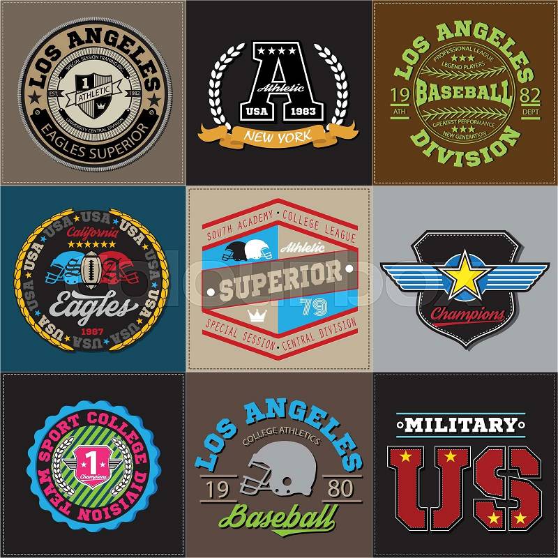 Sport athletic champions college baseball football logo emblem collection. Vector Graphics and typography t-shirt design for apparel. Colored version. Big set for you, vector