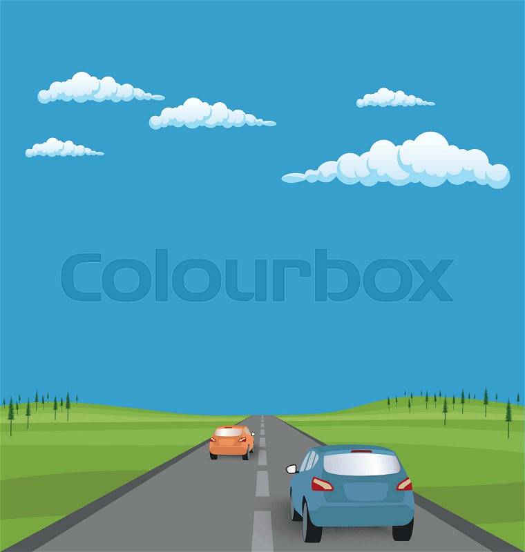 Vector landscape background: road with cars in green valley, hills, clouds. Flat design, vector