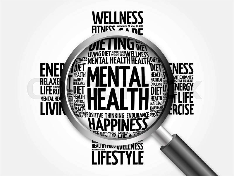 Mental health word cloud with magnifying glass, health concept, stock photo