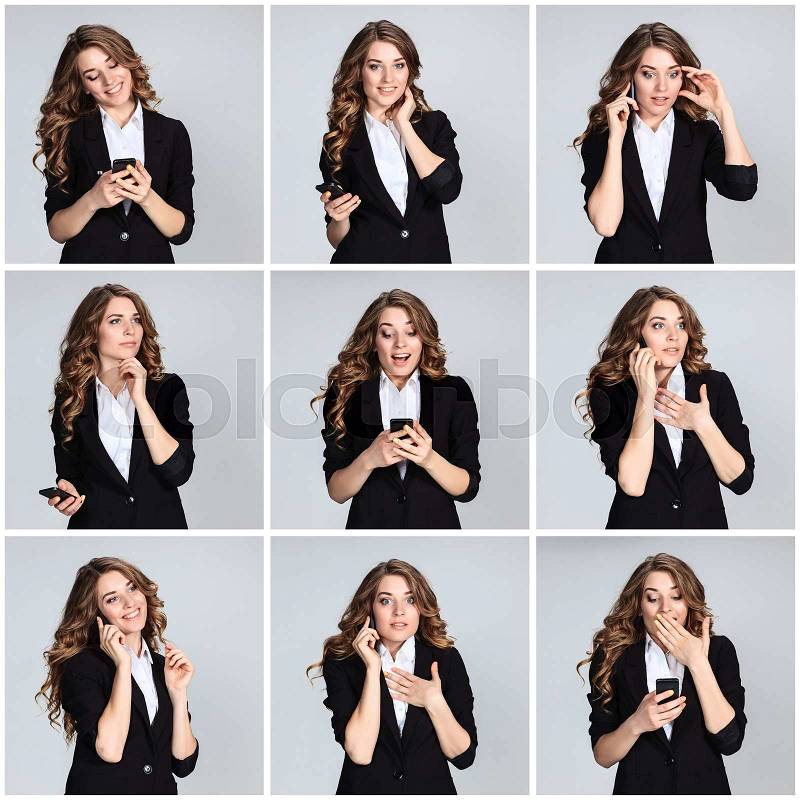 The collage of young woman\'s portrait with happy emotions on gray background, stock photo