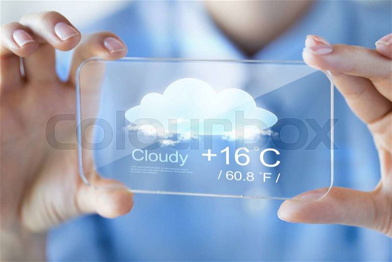 Business, technology, weather cast and people concept - close up of woman hand holding and showing transparent with forecast screen smartphone at office, stock photo