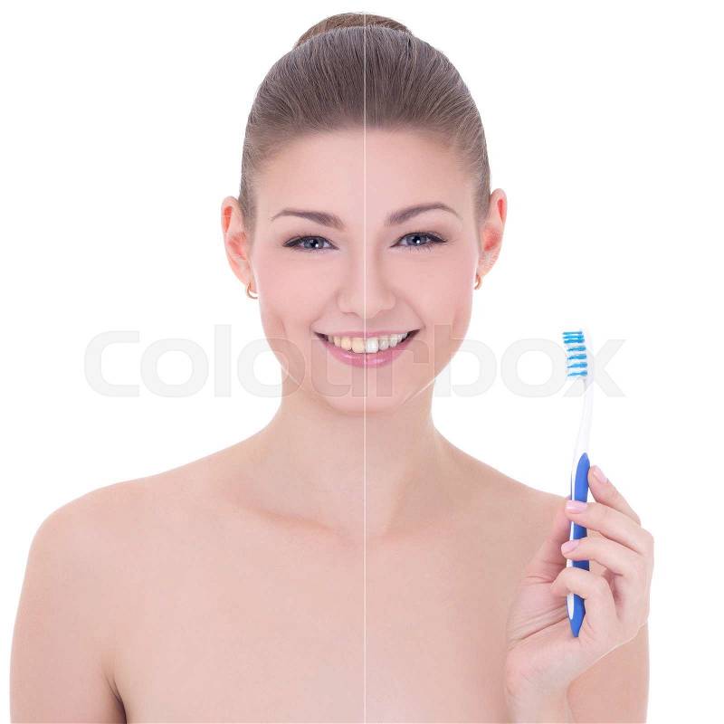 Teeth whitening concept - portrait of young beautiful smiling woman with tooth brush isolated on white background, stock photo