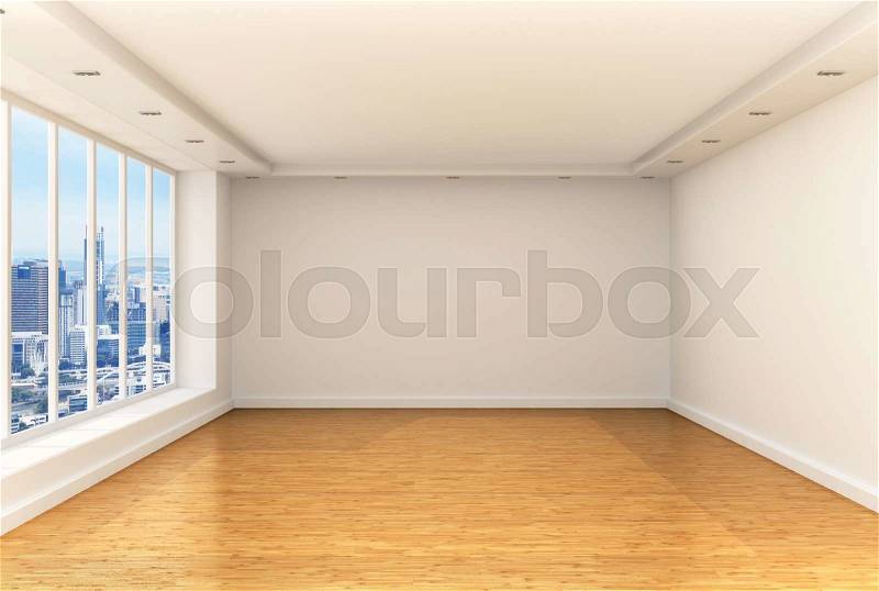 Empty room, panoramic windows and parquet floor in a spacious room overlooking the city. 3d render, stock photo