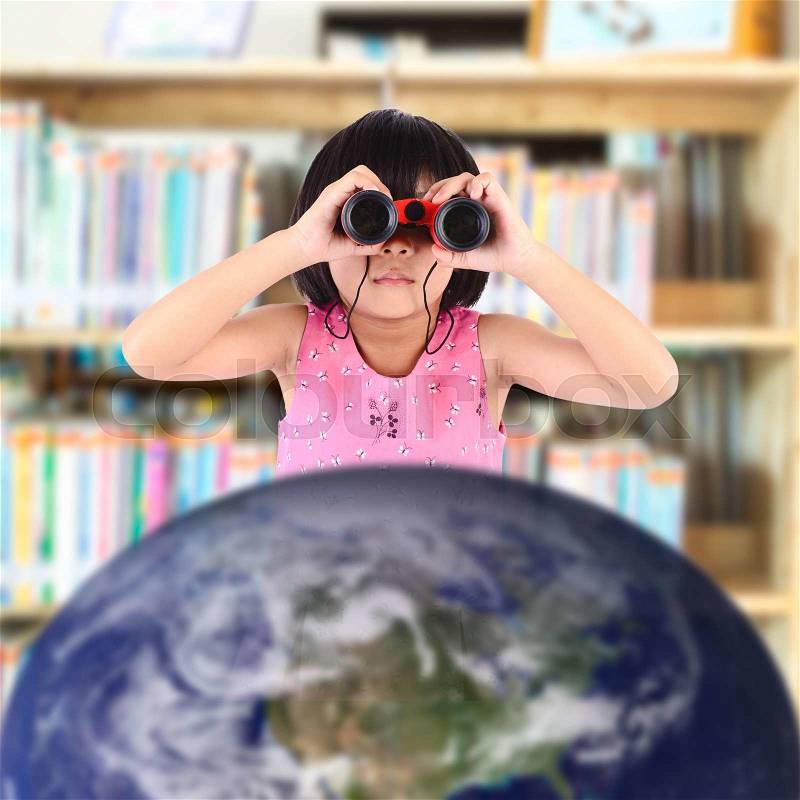 Asian girl with binoculars out of space, learning around the world concept.\