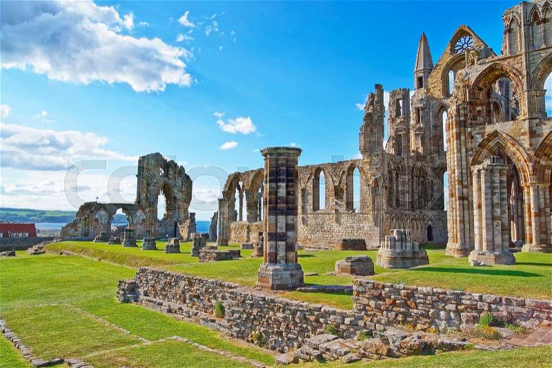 Ruined Entrance to Whitby Abbey in North Yorkshire in England. It is ruins of the Benedictine abbey. Now it is under protection of the English Heritage, stock photo