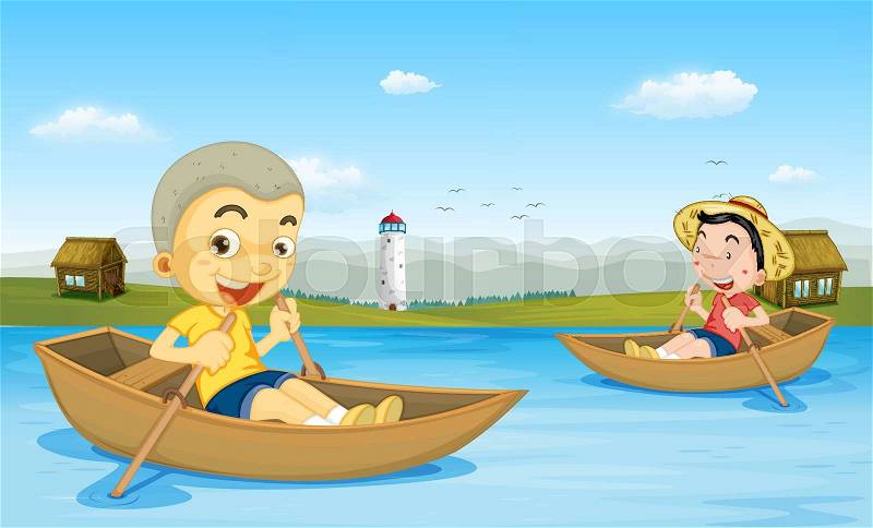 Two boys rowing boat in the lake illustration, vector
