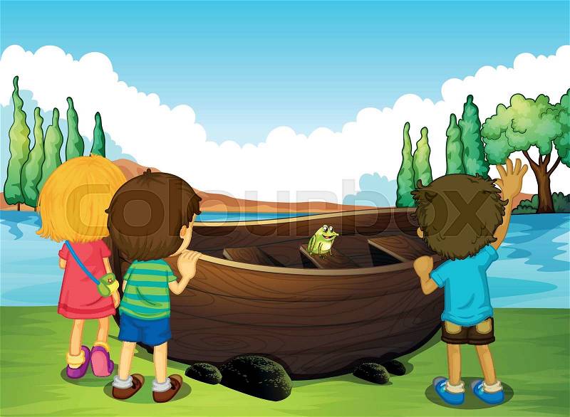 Children standing next to the boat illustration, vector