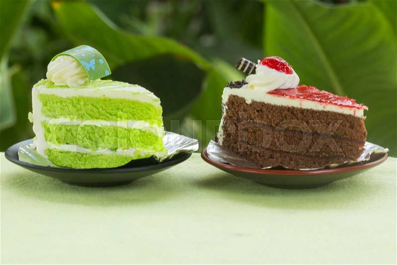 Chocolate cake with strawberry jam and Pandan cake on garden background, stock photo