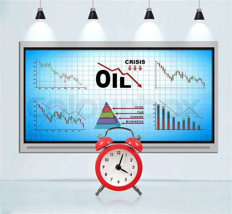 Tv screen on concrete wall in loft room with crisis chart. Big red clock. Deadline concept, stock photo