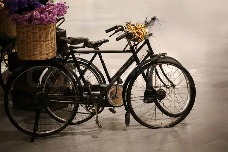Two vintage bicycle with flower basket, stock photo