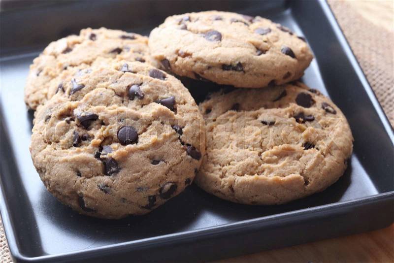 Homemade Double Chocolate Chip Cookies in plate, stock photo