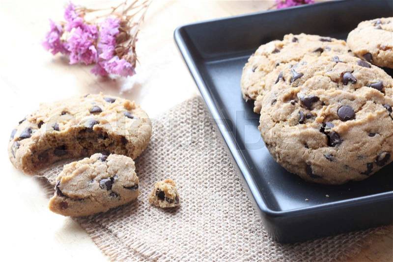 Homemade Double Chocolate Chip Cookies in plate, stock photo