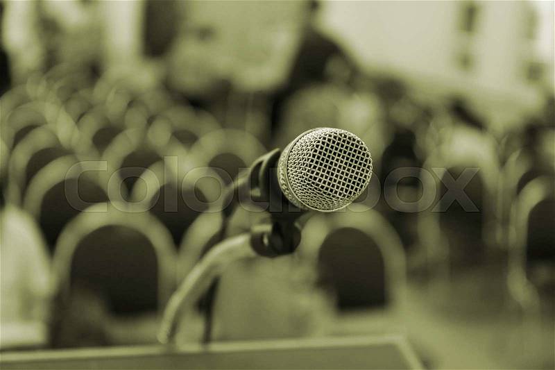 Closeup microphone on stage, microphone in conference hall, stock photo
