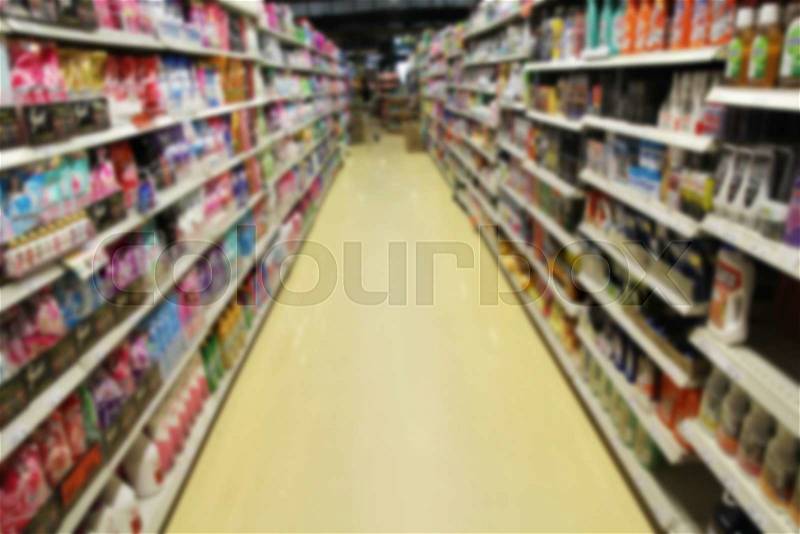 Empty supermarket aisle, Motion Blur background, stock photo