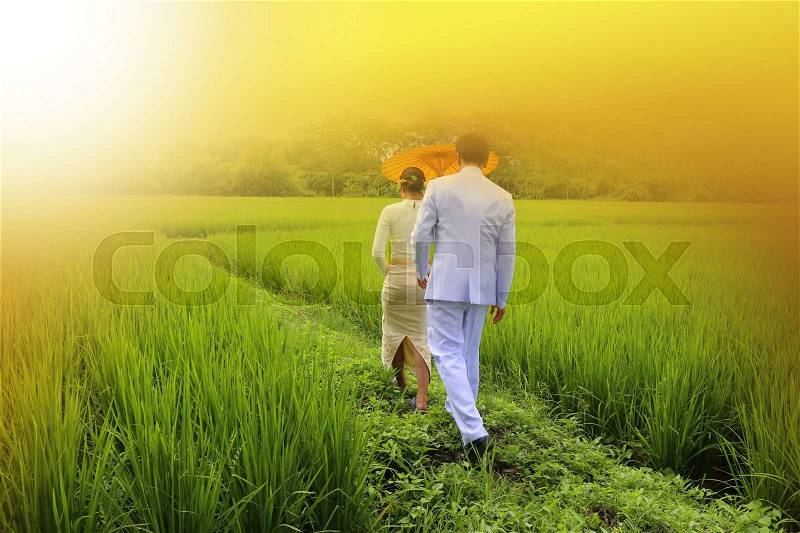 Couple of women and man with Thai traditional dress walking on path on rice field, Chiang Mai, Thailand, stock photo