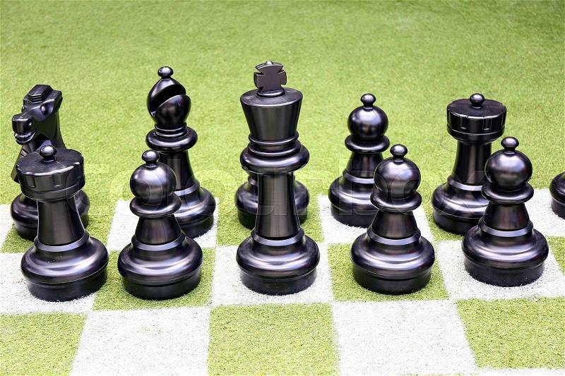 Chessboard and chess pieces on the grass in the garden, stock photo