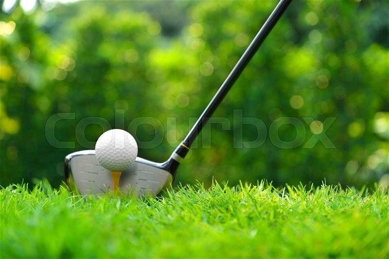 Golf ball on green grass ready to be struck on golf course background, stock photo