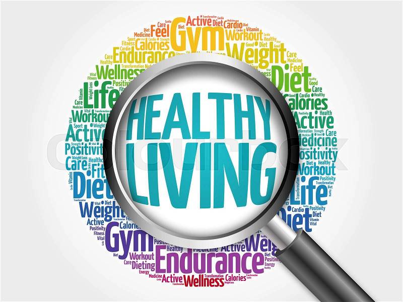 Healthy Living word cloud with magnifying glass, health concept, stock photo