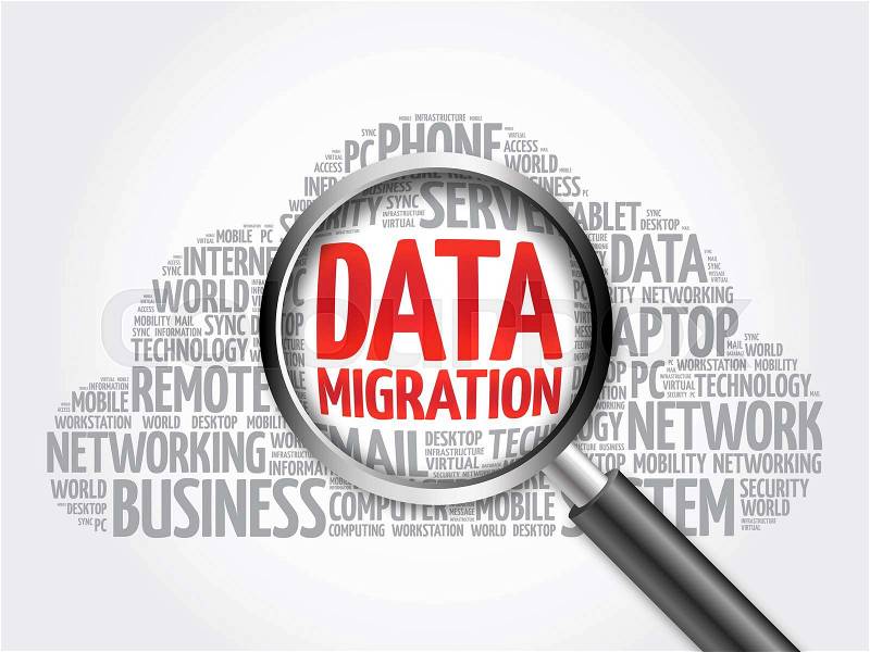 Data Migration word cloud with magnifying glass, business concept, stock photo