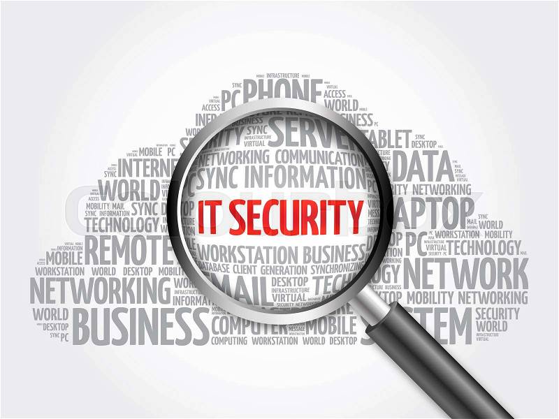 IT Security word cloud with magnifying glass, business concept, stock photo
