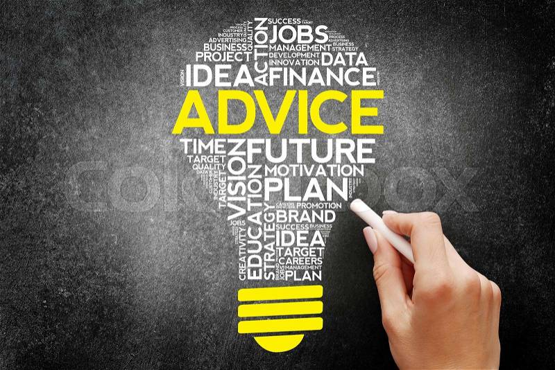 ADVICE bulb word cloud, business concept on blackboard, stock photo