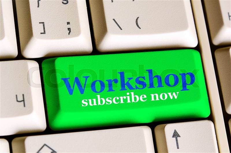 Green computer button and text Workshop , subscribe now on white keyboard, stock photo