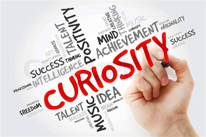Hand writing Curiosity with marker, word cloud concept, stock photo