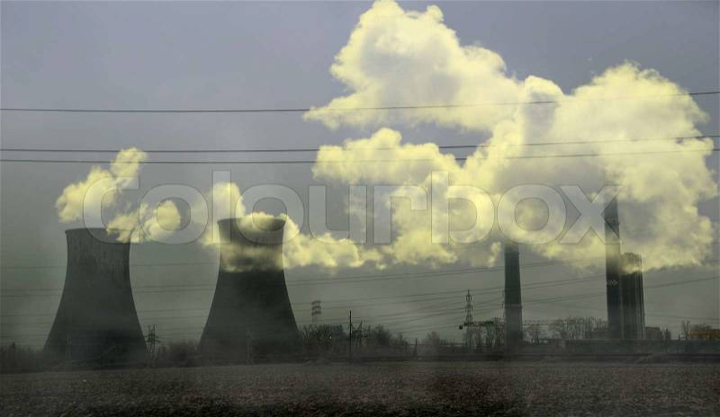 Nuclear Plant outside Bucarest Romania. Cooling towers, stock photo