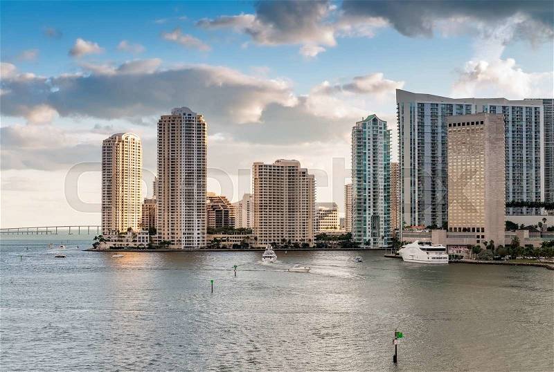 Downtown Miami buildings after sunset. Beautiful city skyline, stock photo