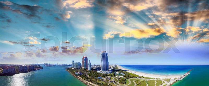 Miami Beach sunset skyline from South Pointe Park, Aerial view - Florida, USA, stock photo