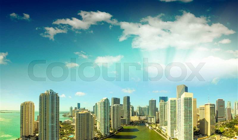 Downtown Miami buildings and sunset skyline, stock photo