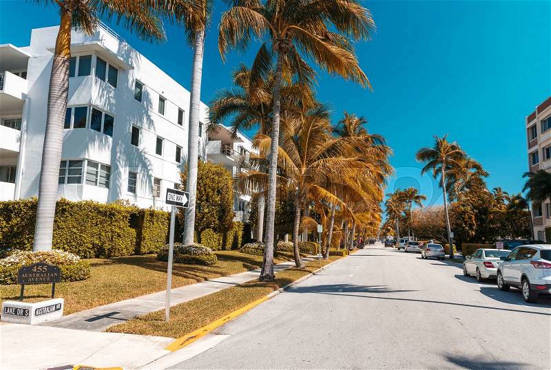 PALM BEACH, FL - JAUNARY 8, 2016: City streets on a beautiful day. Palm Beach is a major Florida destination for tourists, stock photo