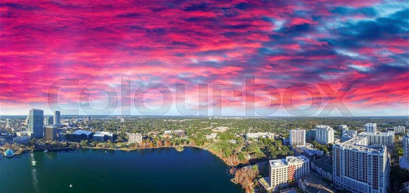 Beautiful sunset aerial view of Downtown Orlando, stock photo