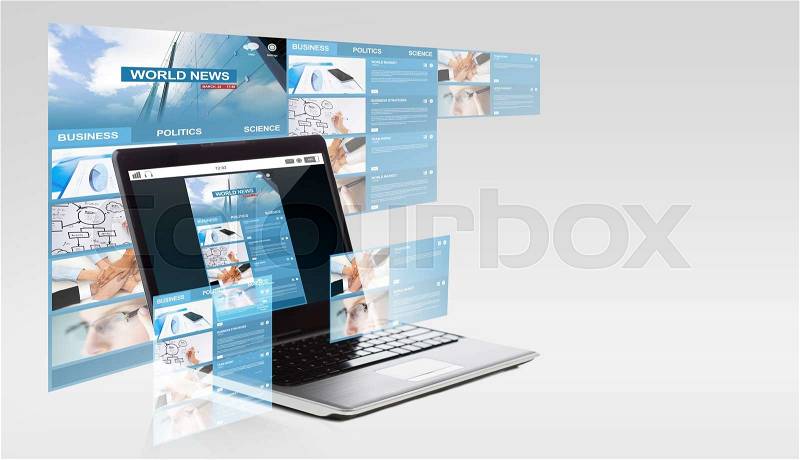 Technology, business and mass media concept - laptop computer with world news on screen, stock photo