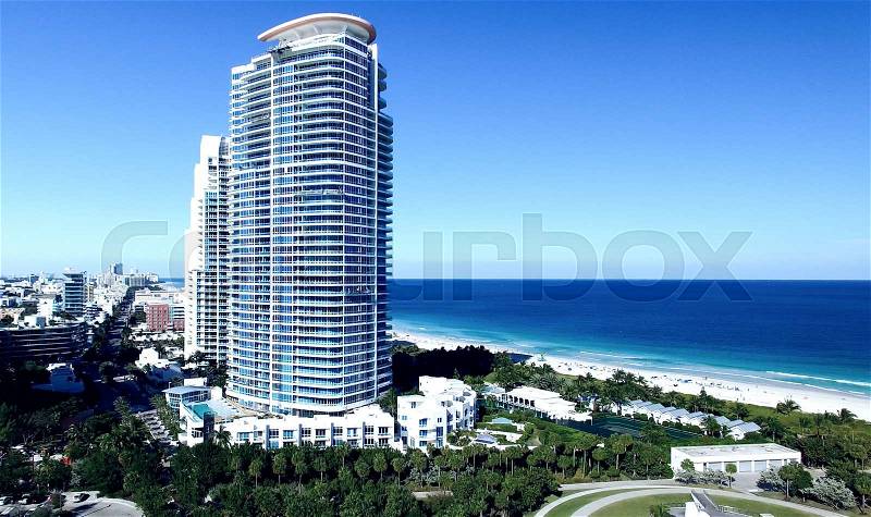 Miami Beach sunset skyline from South Pointe Park, Aerial view - Florida, USA, stock photo