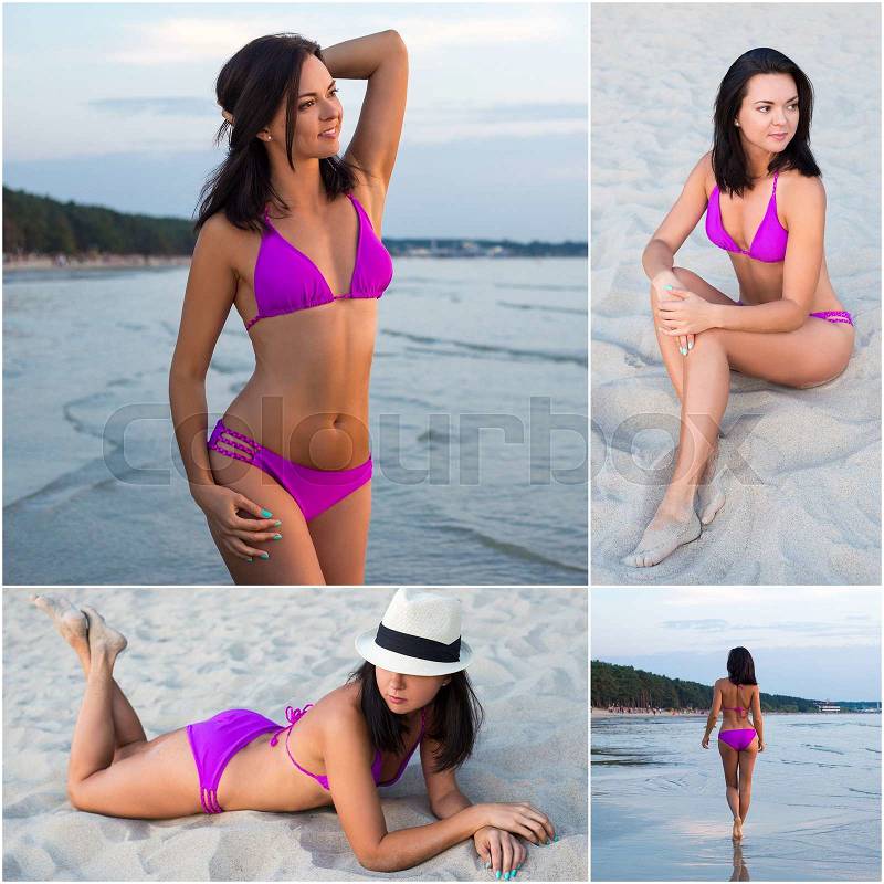 Pictures of slim beautiful woman in bikini posing on summer beach, stock photo