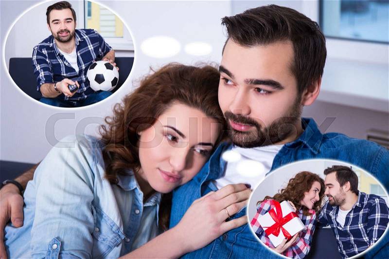Difference between men and women - girl dreaming about presents and her boyfriend dreaming about football, stock photo