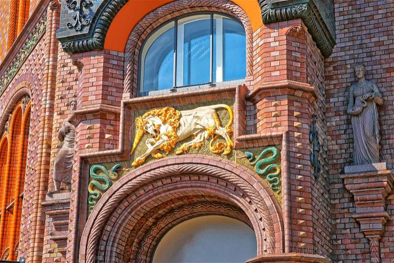 Unicorn and snails of Old Pharmacy Building in Hanover in Germany. Hannover or Hannover is a city in Lower Saxony of Germany, stock photo