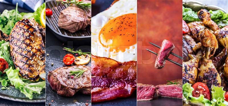 Grill Food. Grill meat - chicken, beef and bacon. Grill sirloin steak, chicken breast - chicken legs. Grill bacon and egg - english breakfast. Vegetable decoration. Collage of delicious grilled close-up. Advantageous banners 5 in 1, stock photo