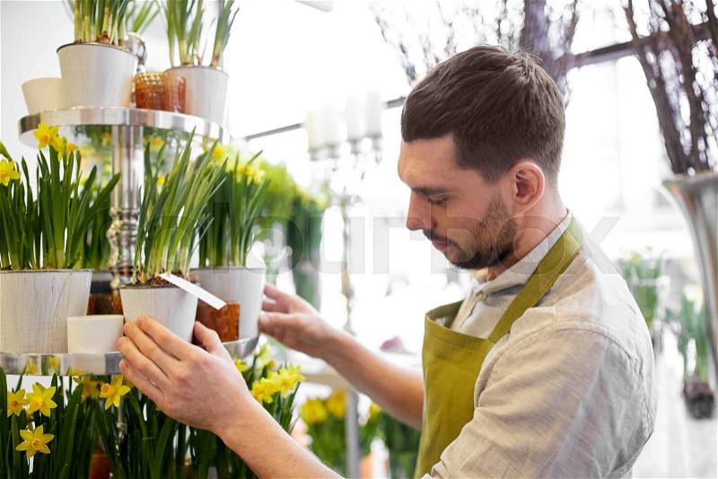 People, business, sale and floristry concept - florist man setting flowers at flower shop, stock photo