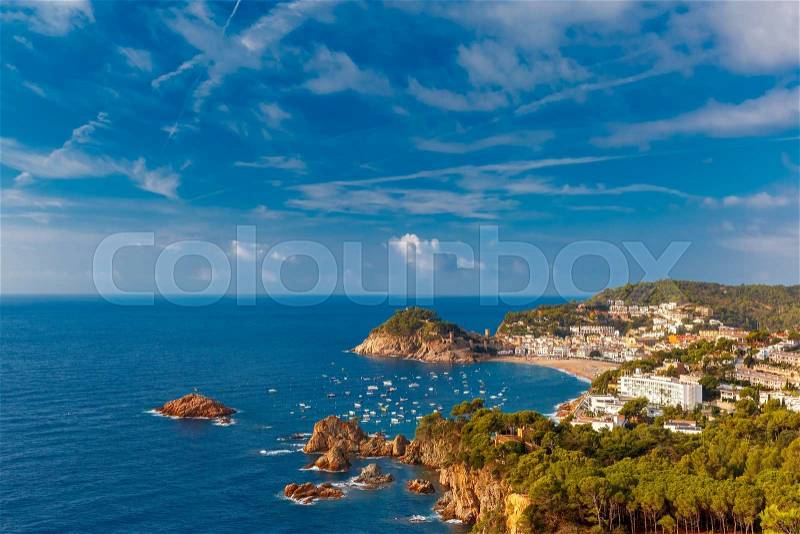 Aerial view of Badia de Tossa bay in the summer morning, Tossa de Mar, Costa Brava, Catalunya, Spain, stock photo