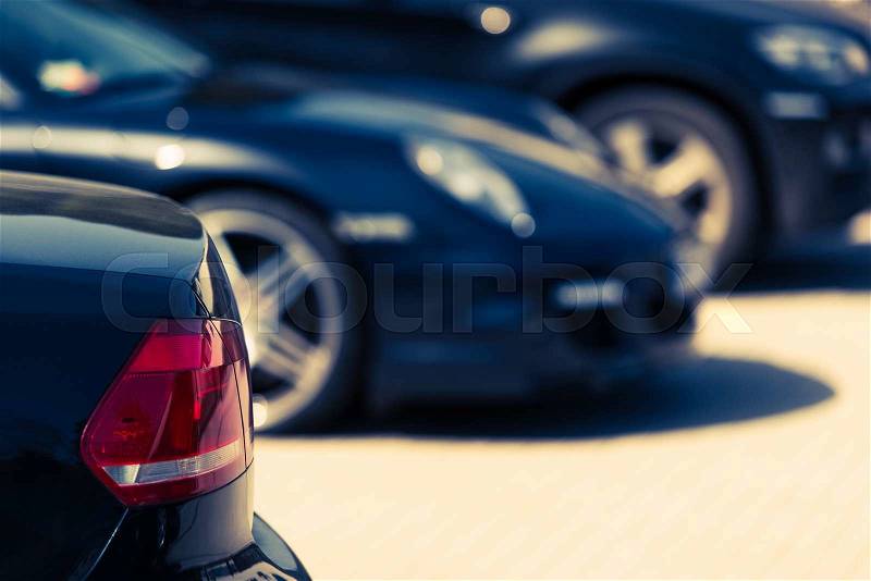 Luxury Cars For Sale Concept Photo. Car Dealer Lot. Parked Cars, stock photo