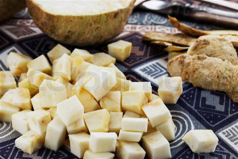 The chopped celery root on a table, stock photo