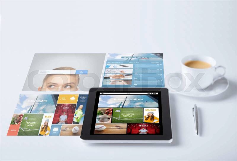 Business, mass media and technology concept - tablet pc computer with internet news application cup of coffee